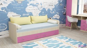 Кровать с выкатными ящиками Дуб Молочный/Розовый в Бийске - bijsk.katalogmebeli.com | фото