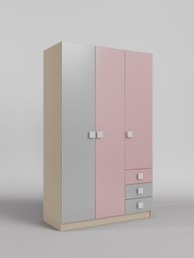 Шкаф 3-х створчатый с ящиками Грэйси (Розовый/Серый/корпус Клен) в Бийске - bijsk.katalogmebeli.com | фото